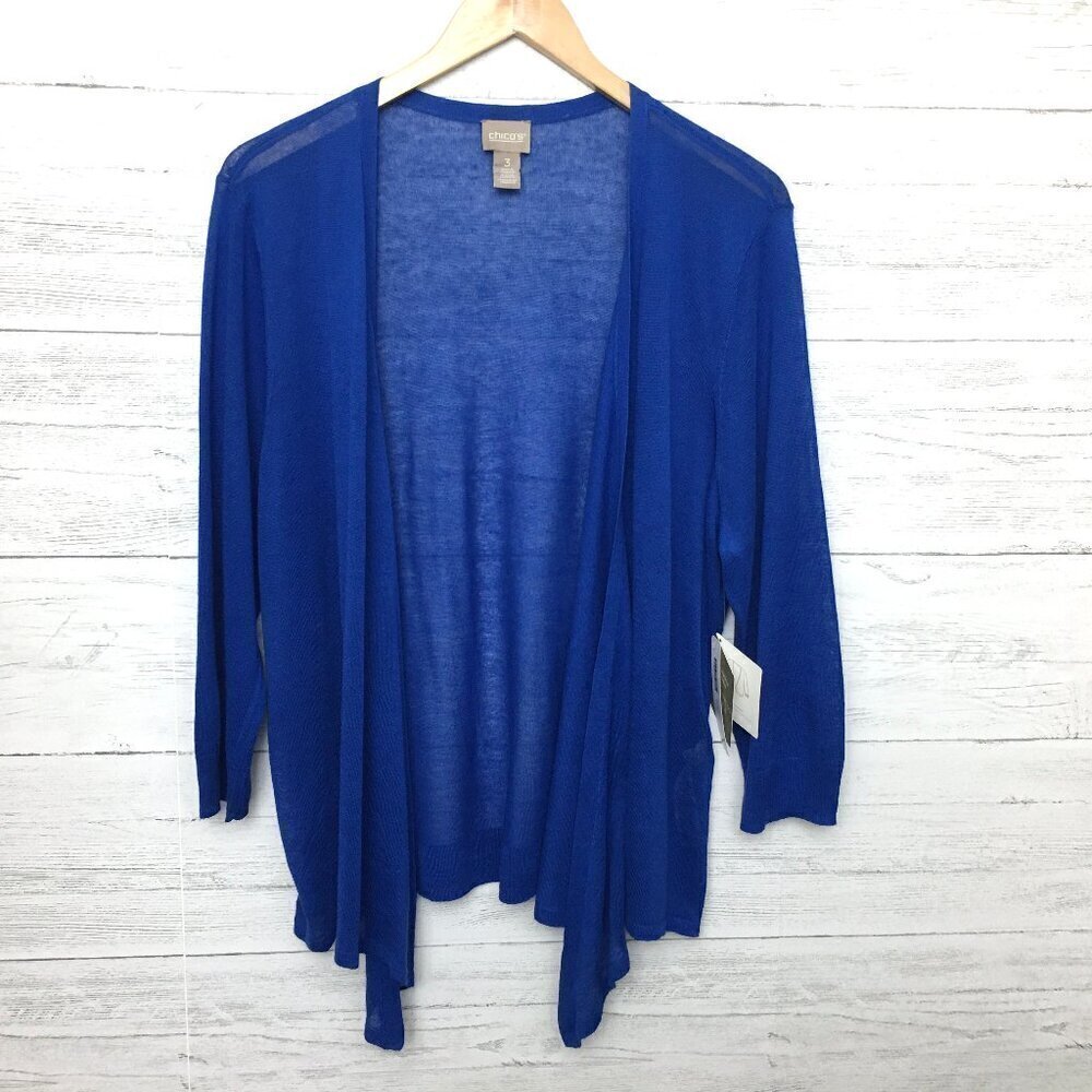 NEW Chico's Blue Cardigan Sweater Lightweight Open Front or Ties size Large